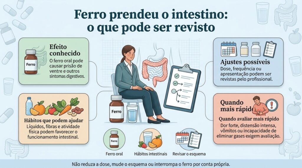 Quando o ferro causa constipação, o objetivo é melhorar a tolerabilidade sem comprometer a reposição necessária.