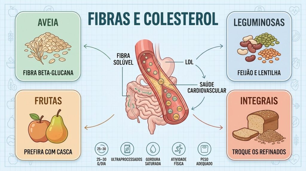 Fibras solúveis, alimentos integrais e hábitos saudáveis ajudam no controle do LDL.