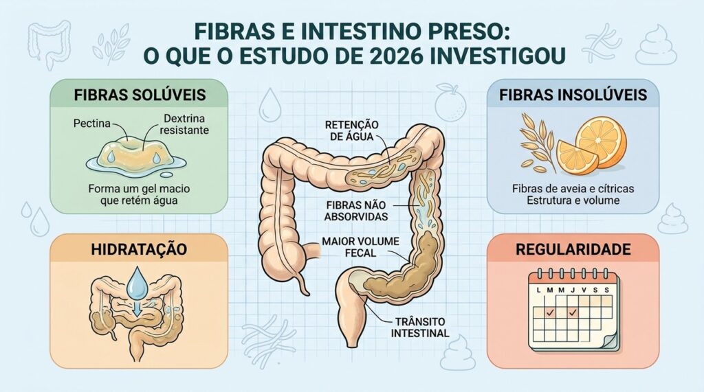 Fibras solúveis, insolúveis e água atuam juntas na regularidade intestinal.