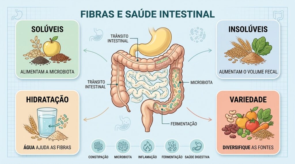 Fibras solúveis e insolúveis, água e variedade ajudam a manter o intestino equilibrado.
