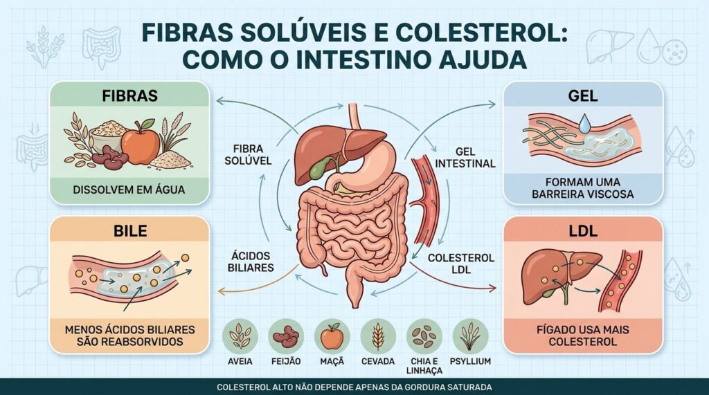 Fibras, gel intestinal, bile e fígado ajudam a reduzir a circulação de LDL.