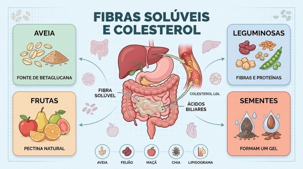 Fibras solúveis ajudam a reduzir a reabsorção de ácidos biliares e o colesterol LDL.