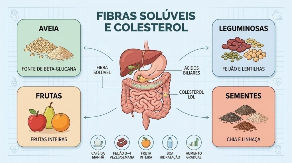 Aveia, leguminosas, frutas e sementes fornecem fibras solúveis que auxiliam no controle do LDL.