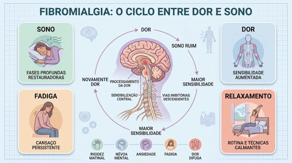 Sono restaurador e relaxamento podem ajudar a interromper o ciclo entre dor e fadiga.