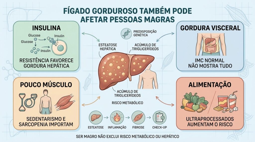Insulina, gordura visceral, massa muscular e alimentação influenciam a esteatose em pessoas magras.