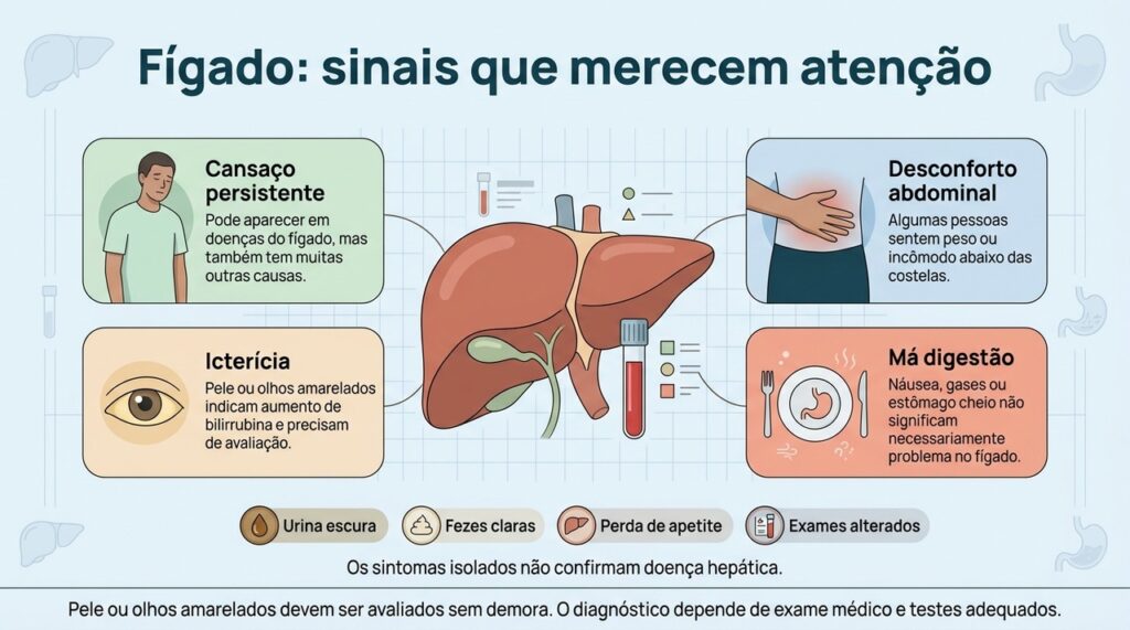 Alterações persistentes, especialmente icterícia, devem ser investigadas porque doenças do fígado podem evoluir sem sintomas claros.