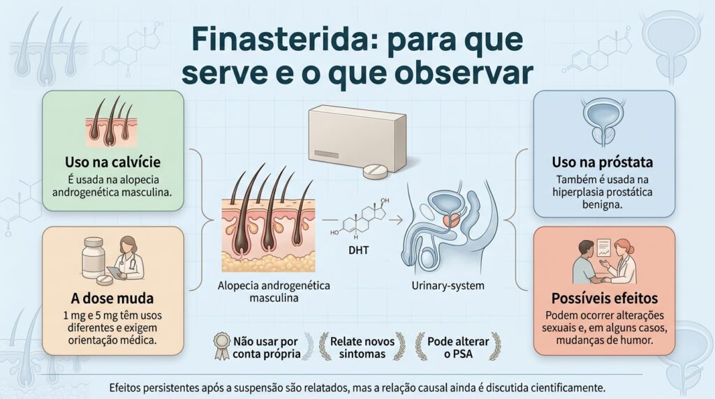 A finasterida tem indicações específicas e pode causar efeitos adversos que devem ser discutidos durante o acompanhamento médico.