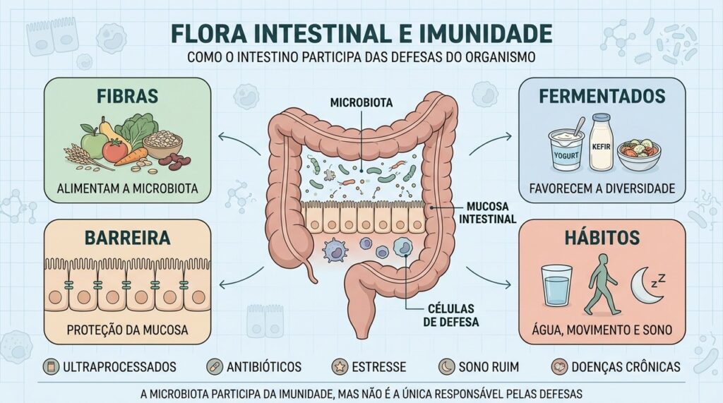 Fibras, fermentados, barreira intestinal e hábitos saudáveis sustentam o equilíbrio da microbiota.