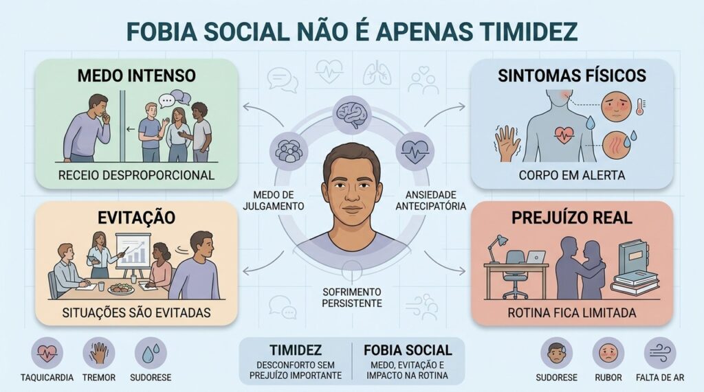 Na ansiedade social, o receio de julgamento pode comprometer trabalho e relacionamentos.