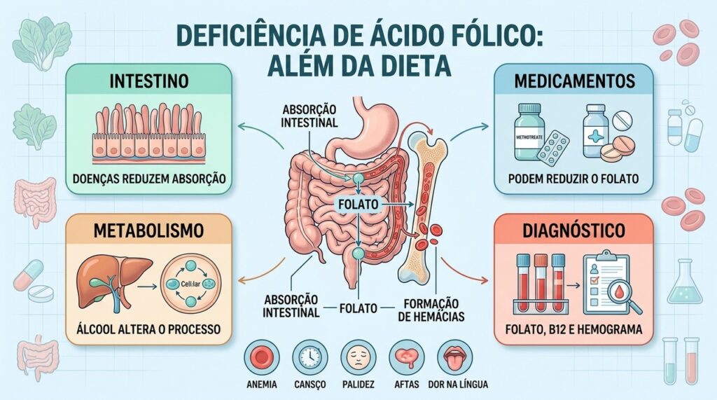 Intestino, medicamentos, metabolismo e exames ajudam a investigar a deficiência de ácido fólico.