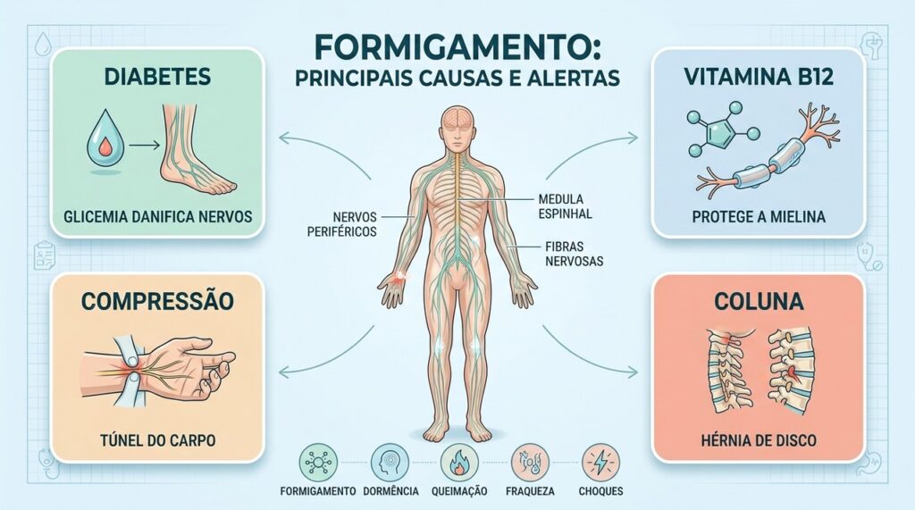 Diabetes, B12, compressões nervosas e problemas na coluna podem causar formigamento persistente nas extremidades.
