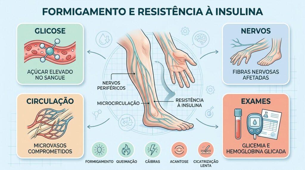 Nervos, microcirculação, glicose e exames ajudam a investigar sinais de alteração metabólica.