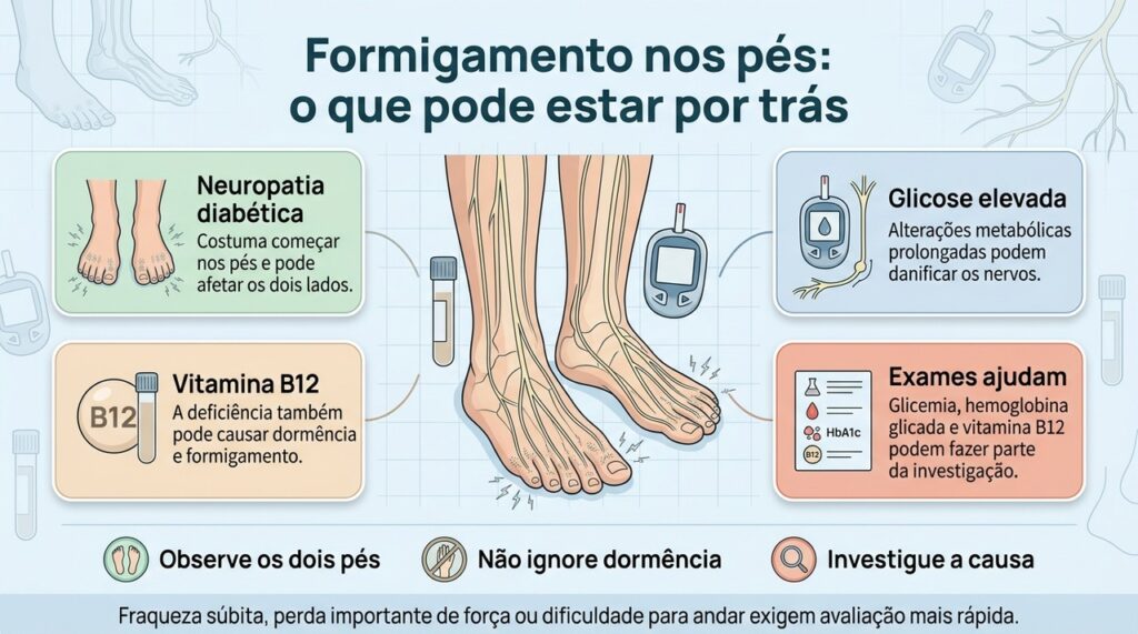 Formigamento persistente nos pés merece investigação, especialmente quando ocorre nos dois lados ou vem acompanhado de dormência e perda de sensibilidade.