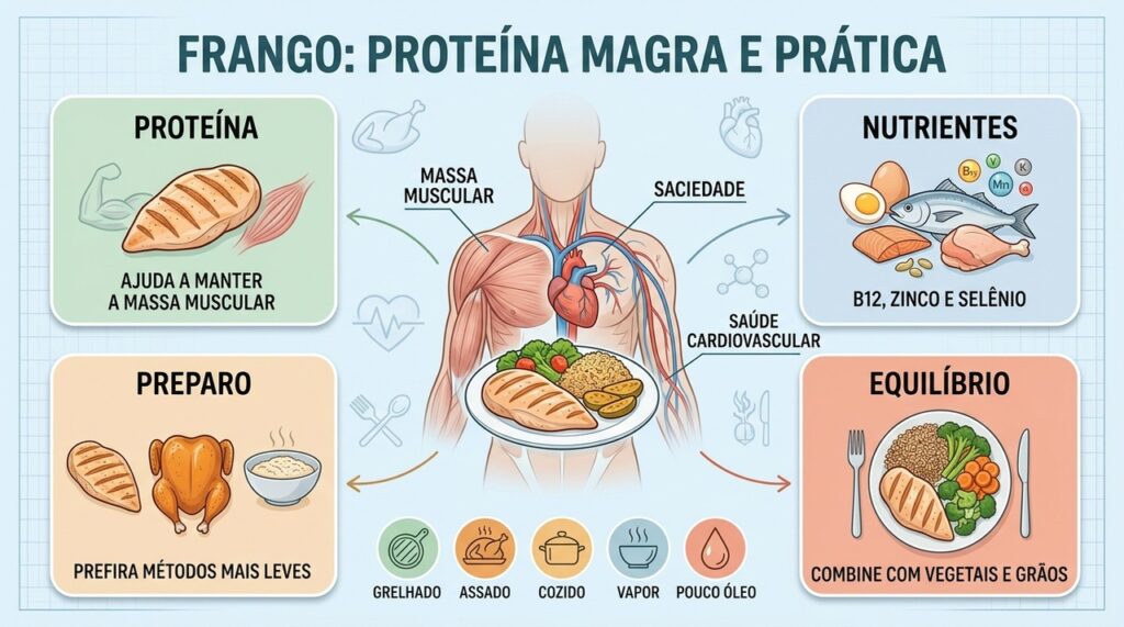 Proteína, nutrientes e preparo adequado tornam o frango uma opção prática para refeições equilibradas.