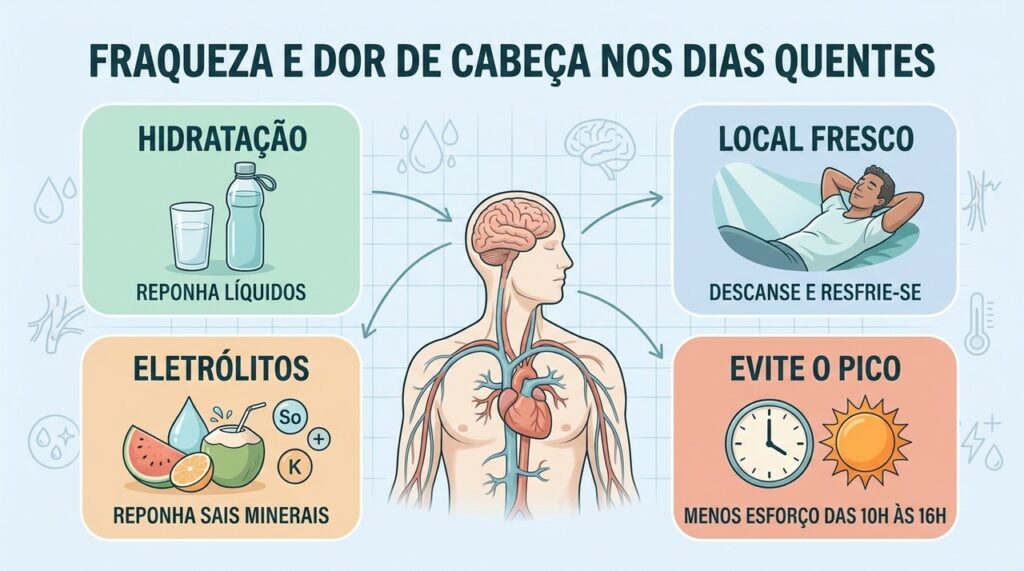 Hidratação, eletrólitos, descanso e proteção do calor ajudam a prevenir sintomas.