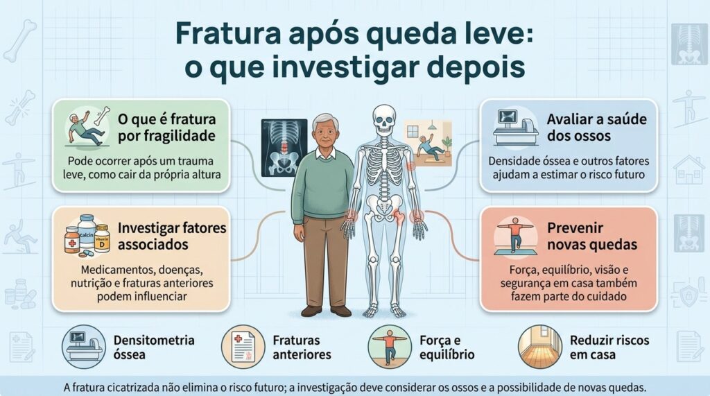 Após uma fratura por trauma leve, investigar fragilidade óssea e risco de quedas pode ajudar a prevenir novos episódios.