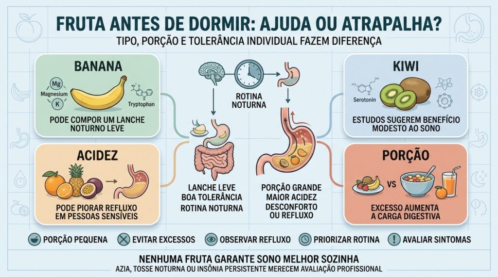 Banana, kiwi, acidez e tamanho da porção influenciam a tolerância antes de dormir.