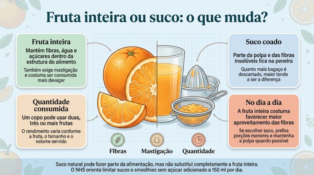 Transformar a fruta em suco muda sua estrutura, pode reduzir as fibras e facilita consumir uma quantidade maior em menos tempo.