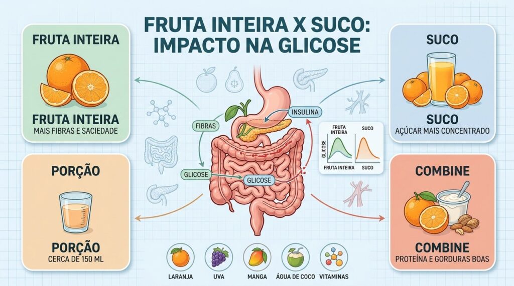 Fruta inteira, fibras e porções menores ajudam a reduzir picos de glicose após o consumo.