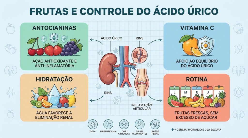 Antocianinas, vitamina C, hidratação e frutas frescas apoiam o equilíbrio do ácido úrico.