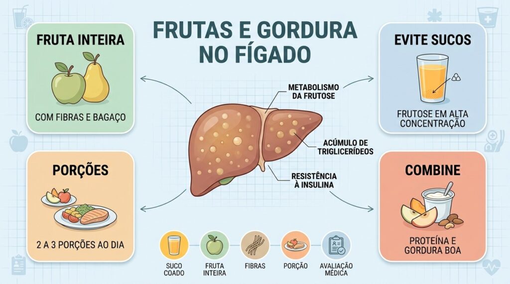 Fruta inteira, porções adequadas e fibras ajudam a controlar o impacto hepático.