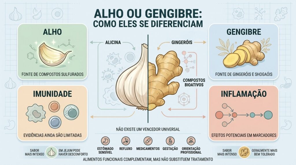 Alho e gengibre concentram compostos diferentes e exigem cuidados conforme tolerância e contexto clínico.