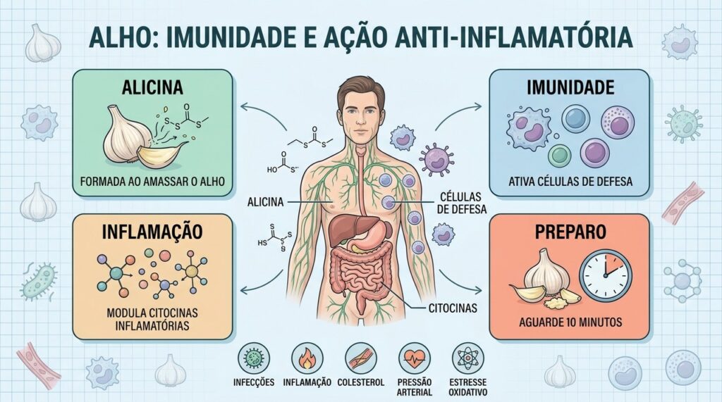Alicina, células de defesa, inflamação e preparo explicam os principais benefícios do alho.
