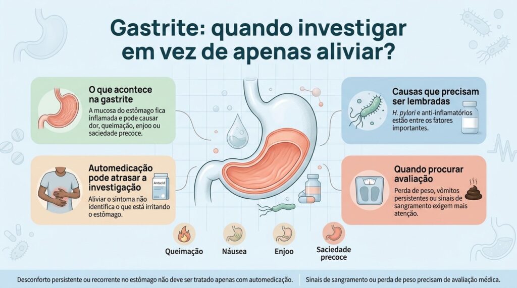 Na gastrite, o mais importante não é apenas aliviar a queimação, mas identificar a causa quando os sintomas persistem ou voltam com frequência.