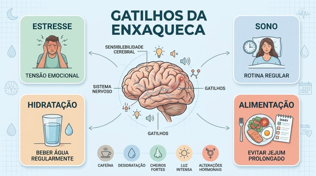 Estresse, sono, hidratação e alimentação ajudam a reconhecer padrões que antecedem crises de enxaqueca.