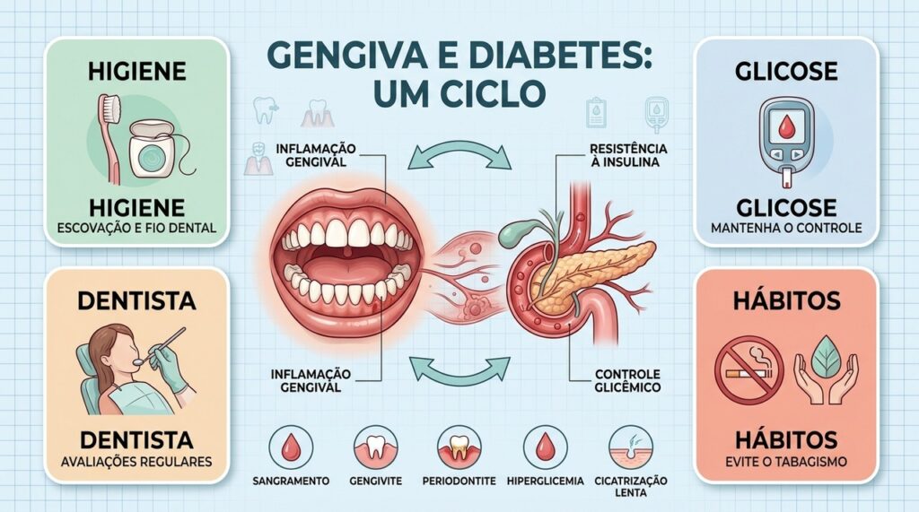 Higiene bucal, controle glicêmico e acompanhamento profissional ajudam a interromper esse ciclo inflamatório.