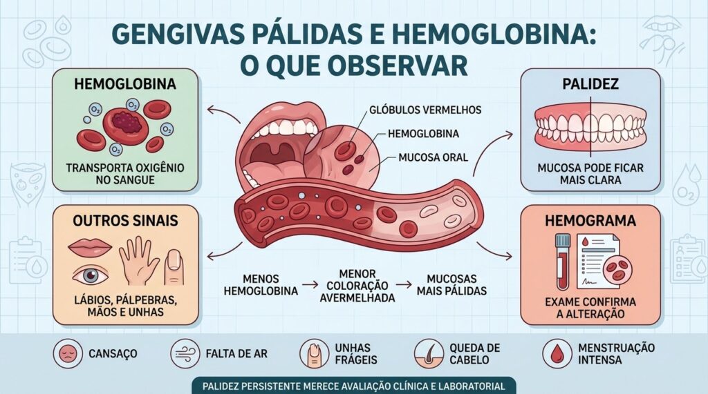 Hemoglobina, palidez das mucosas e hemograma ajudam a investigar possíveis quadros de anemia.