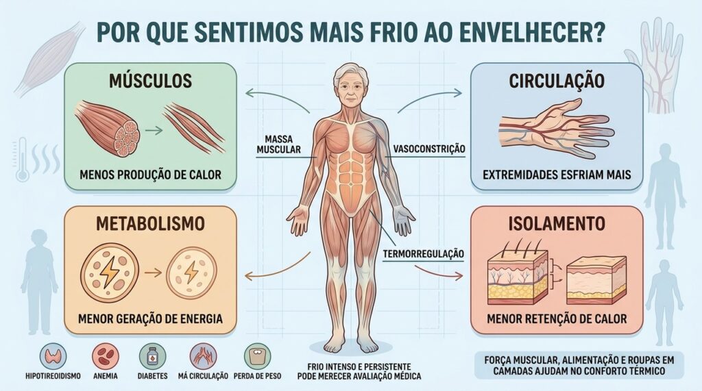 Músculos, circulação, metabolismo e isolamento térmico mudam e aumentam a sensação de frio.