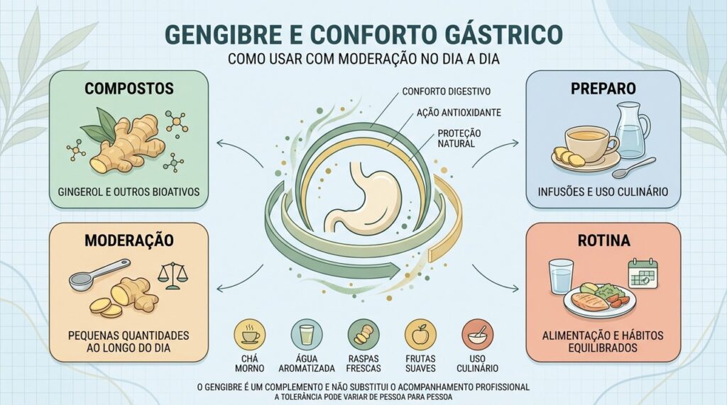 Compostos, preparo, moderação e rotina orientam o uso cuidadoso do gengibre.