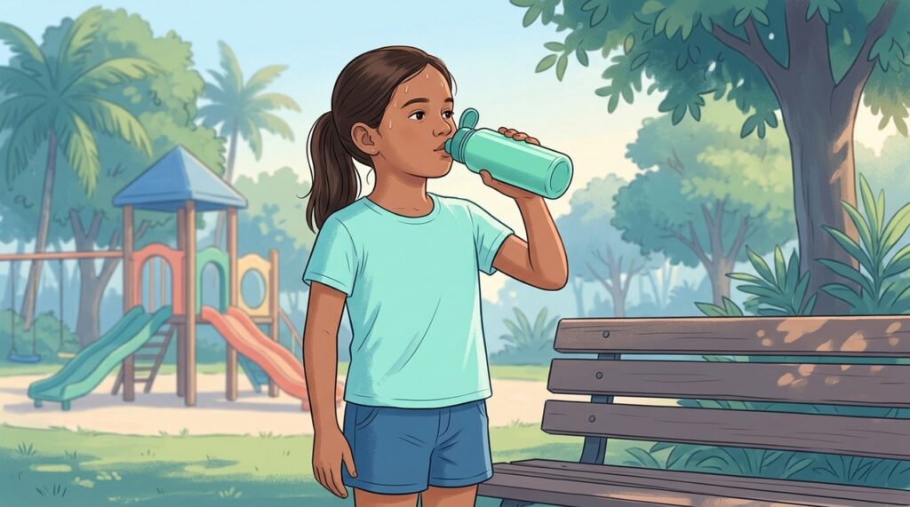 Pausas para beber água protegem crianças durante brincadeiras prolongadas nos dias quentes.