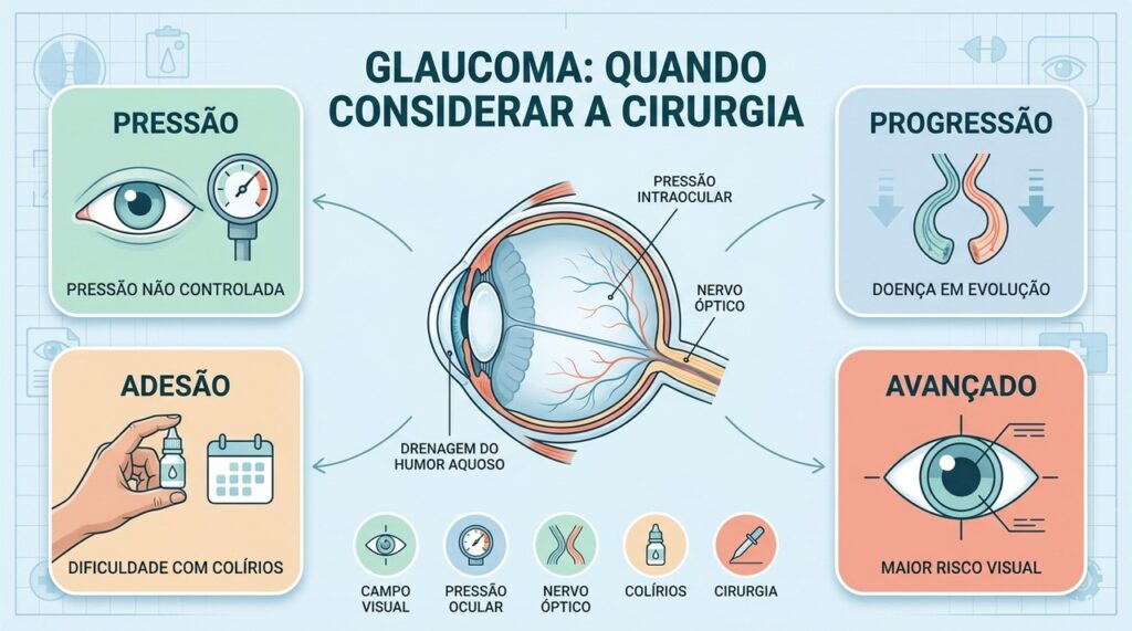 Pressão persistente, progressão, baixa adesão e glaucoma avançado podem indicar cirurgia.