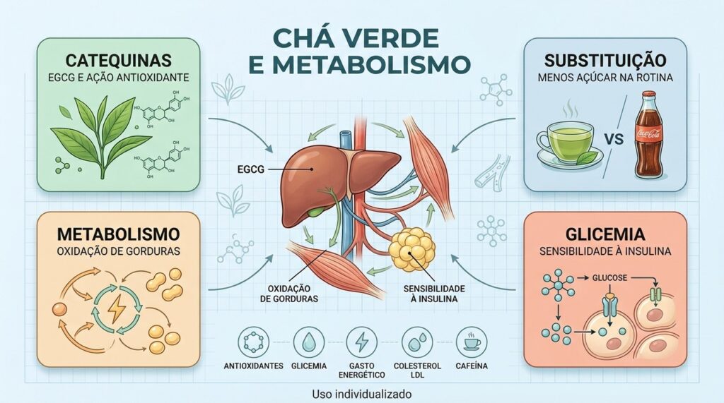 Catequinas, menor consumo de açúcar e atividade física formam um conjunto favorável ao metabolismo.