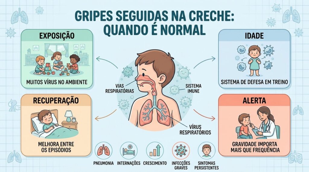 Frequência, recuperação e gravidade ajudam a diferenciar infecções esperadas de sinais de alerta.