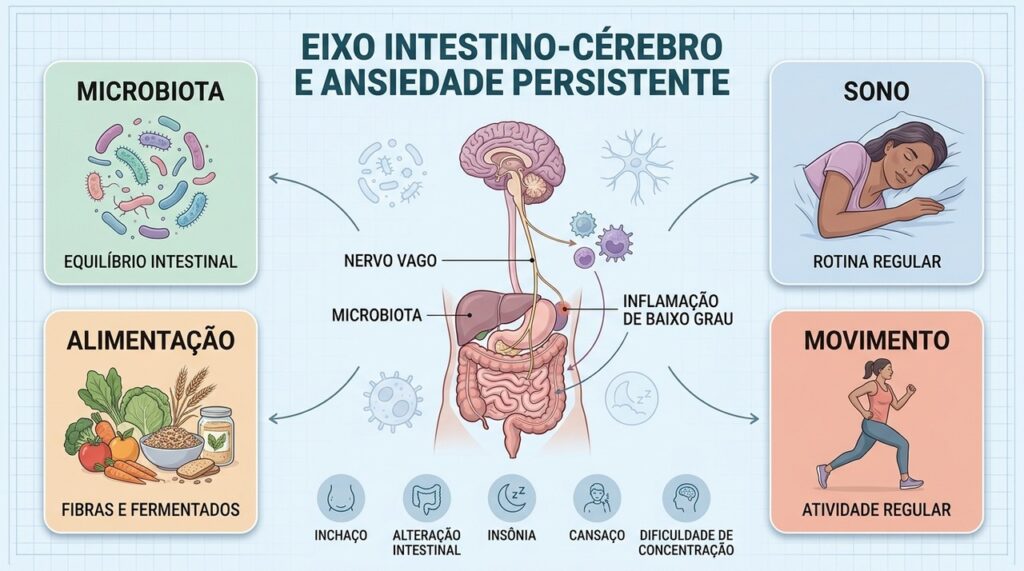 Microbiota, alimentação, sono e movimento influenciam a comunicação entre intestino e cérebro.