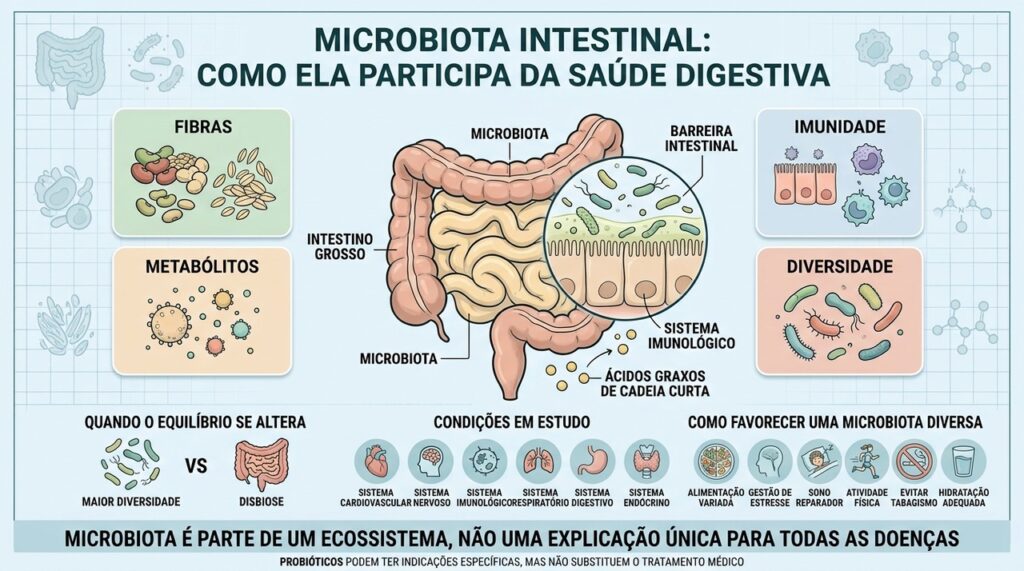 Fibras, imunidade, metabólitos e diversidade ajudam a explicar o papel da microbiota intestinal.