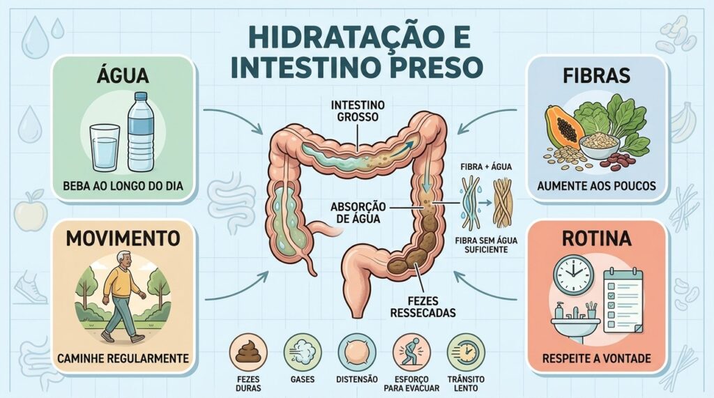 Água, fibras, movimento e rotina trabalham juntos para facilitar a evacuação.