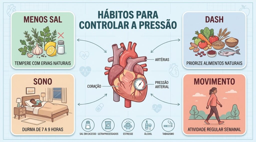 Menos sal, alimentação equilibrada, sono adequado e movimento protegem a saúde cardiovascular.