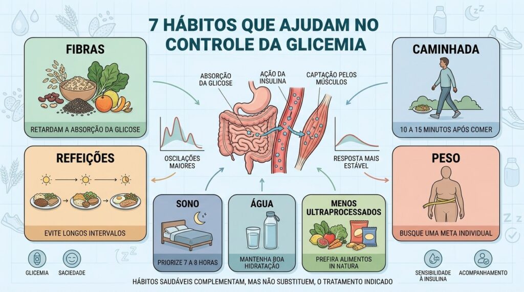 Fibras, caminhada, sono e hidratação integram sete hábitos para apoiar a glicemia.