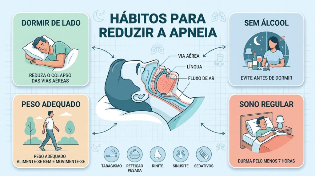 Posição lateral, peso adequado, menos álcool e sono regular ajudam no controle da apneia.