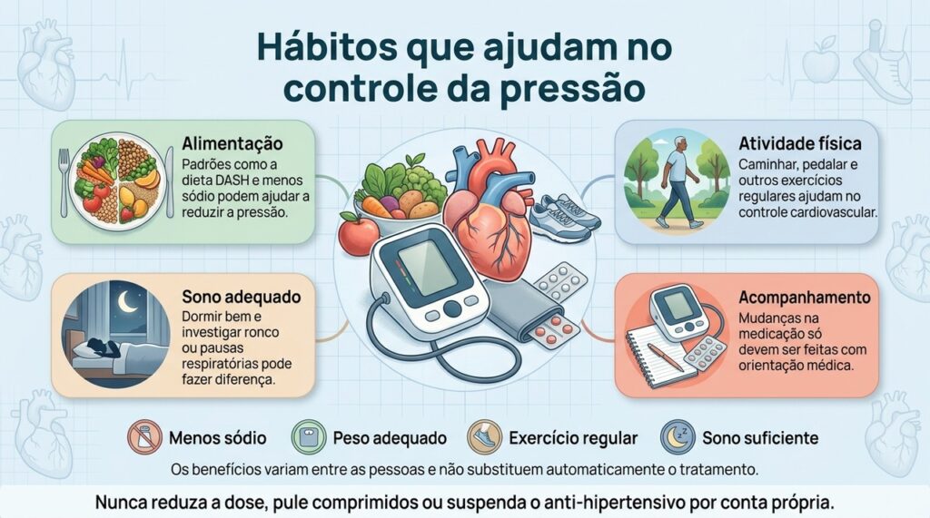 Mudanças no estilo de vida podem ajudar a controlar a pressão, enquanto ajustes nos remédios devem ser feitos pelo médico.