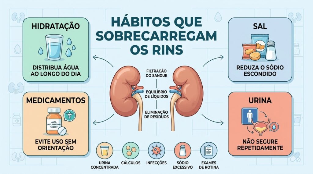 Hidratação, menos sódio, uso consciente de medicamentos e cuidado urinário protegem os rins.