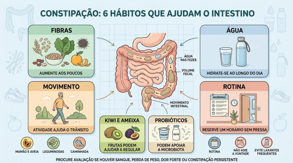 Fibras, hidratação, movimento, rotina, frutas e probióticos ajudam a regular o intestino.