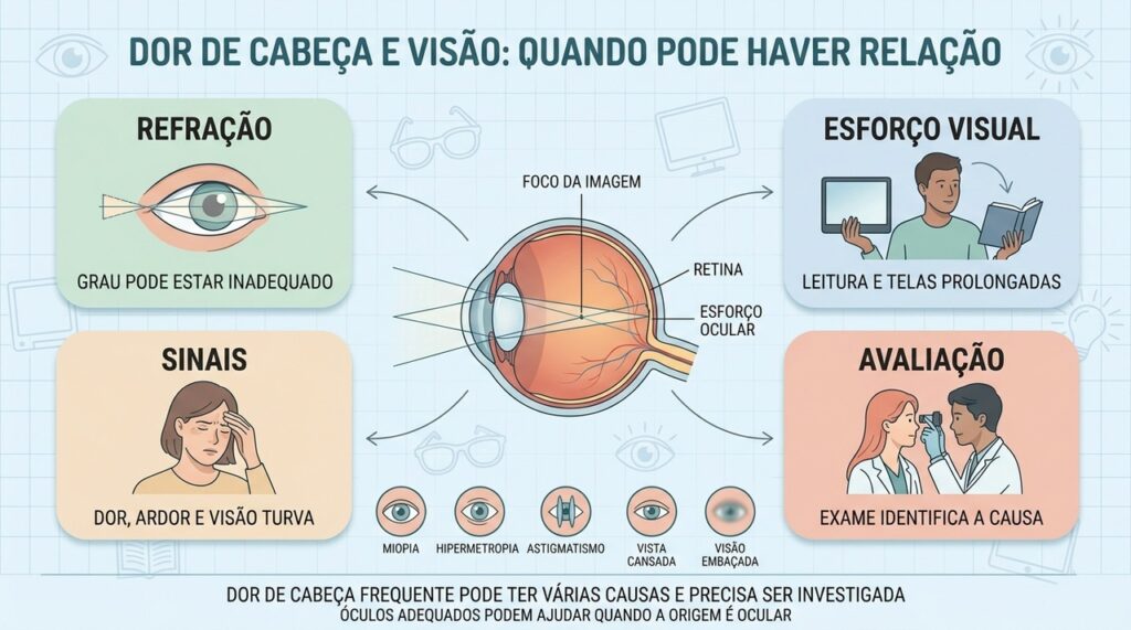 Refração, esforço visual, sintomas associados e avaliação ajudam a investigar a dor de cabeça.