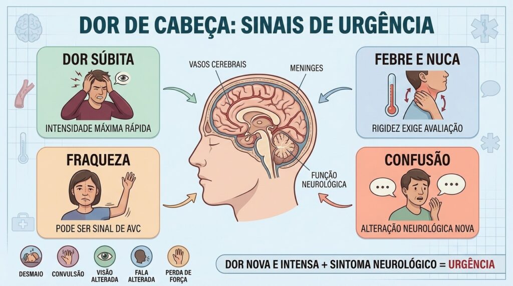 Dor explosiva, febre, fraqueza e confusão são sinais de alerta neurológico.