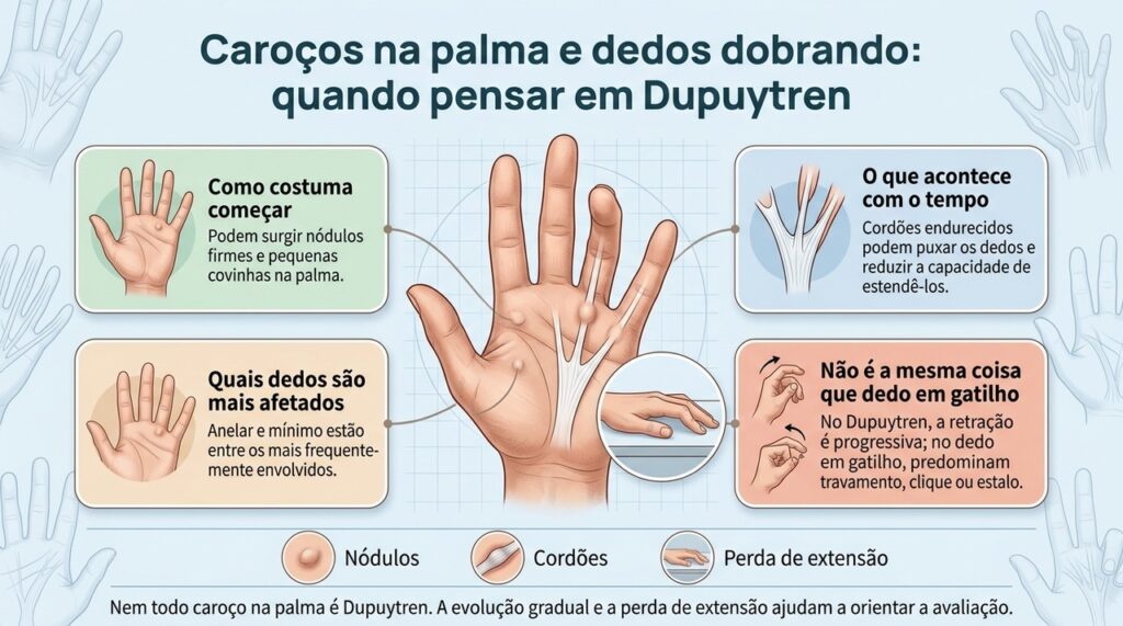 A suspeita aumenta quando surgem nódulos, cordões palpáveis e dificuldade progressiva para abrir completamente a mão.