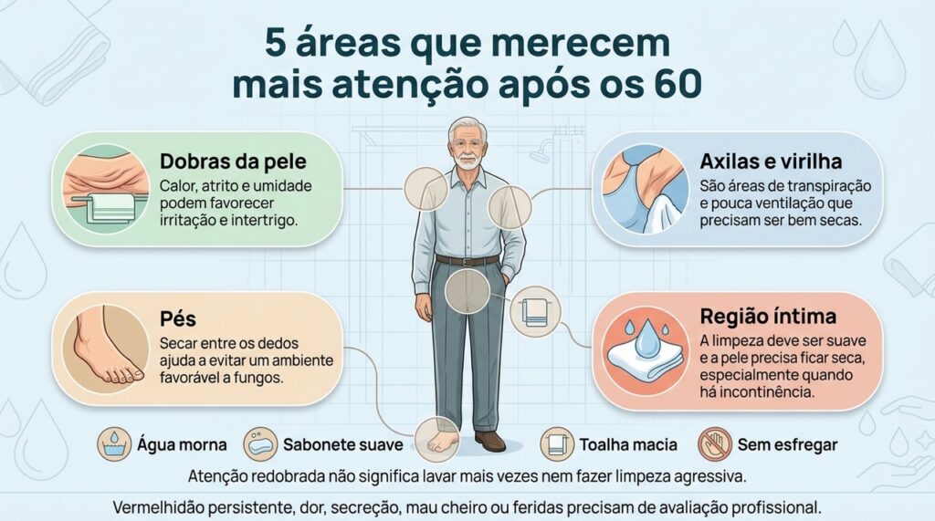 Higiene suave, secagem cuidadosa e observação diária ajudam a proteger áreas mais vulneráveis da pele após os 60 anos.